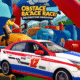 A cartoon-style image depicting a chaotic obstacle race with participants interacting with inflatable obstacles. A car is visible in the foreground. The game title 