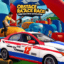 A cartoon-style image depicting a chaotic obstacle race with participants interacting with inflatable obstacles. A car is visible in the foreground. The game title 
