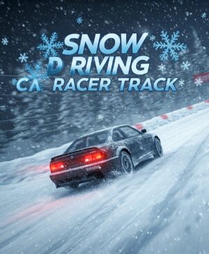 A dark grey car drifts on a snow-covered race track surrounded by snow-covered trees. Snowflakes fall around the car. The game title 