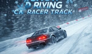 A dark grey car drifts on a snow-covered race track surrounded by snow-covered trees. Snowflakes fall around the car. The game title "Snow Driving Car Racer Track" is prominently displayed at the top.
