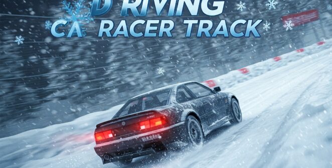 A dark grey car drifts on a snow-covered race track surrounded by snow-covered trees. Snowflakes fall around the car. The game title 