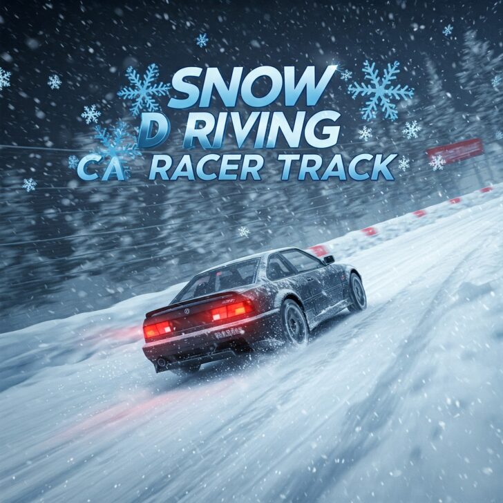 A dark grey car drifts on a snow-covered race track surrounded by snow-covered trees. Snowflakes fall around the car. The game title "Snow Driving Car Racer Track" is prominently displayed at the top.