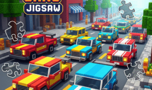 Blockcraft Cars Jigsaw game with colorful, pixelated cars on a road in a blocky city, featuring visible puzzle pieces, ideal for jigsaw puzzle enthusiasts, pixel art game fans, and casual mobile gaming.