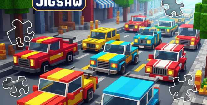 Blockcraft Cars Jigsaw game with colorful, pixelated cars on a road in a blocky city, featuring visible puzzle pieces, ideal for jigsaw puzzle enthusiasts, pixel art game fans, and casual mobile gaming.