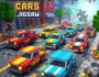 Blockcraft Cars Jigsaw game with colorful, pixelated cars on a road in a blocky city, featuring visible puzzle pieces, ideal for jigsaw puzzle enthusiasts, pixel art game fans, and casual mobile gaming.