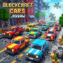 Blockcraft Cars Jigsaw game with colorful, pixelated cars on a road in a blocky city, featuring visible puzzle pieces, ideal for jigsaw puzzle enthusiasts, pixel art game fans, and casual mobile gaming.
