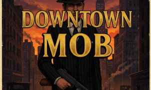 A menacing gangster from a 1930s Mafia game stands in a shadowy downtown street with a tommy gun.