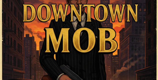 A menacing gangster from a 1930s Mafia game stands in a shadowy downtown street with a tommy gun.
