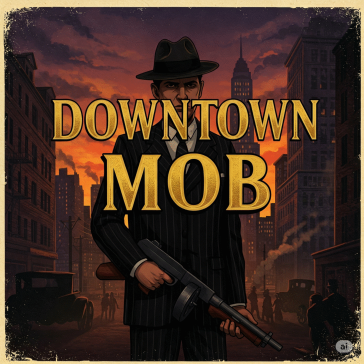 A menacing gangster from a 1930s Mafia game stands in a shadowy downtown street with a tommy gun.