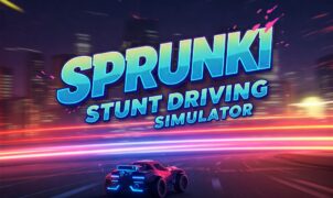 A vibrant image showcasing the "Sprunki Stunt Driving Simulator" game title against a dynamic backdrop of a futuristic cityscape and a high-speed stunt car in motion. The neon lights and motion blur emphasize the action and excitement of this car stunt game.