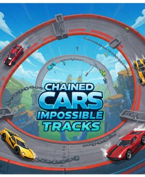 Image showcasing the Chained Cars Impossible Tracks mobile game featuring chained cars racing on a thrilling, gravity-defying track high in the sky. Red and yellow sports cars are prominently displayed on the winding, elevated race track.