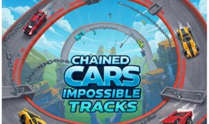 Image showcasing the Chained Cars Impossible Tracks mobile game featuring chained cars racing on a thrilling, gravity-defying track high in the sky. Red and yellow sports cars are prominently displayed on the winding, elevated race track.