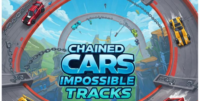 Image showcasing the Chained Cars Impossible Tracks mobile game featuring chained cars racing on a thrilling, gravity-defying track high in the sky. Red and yellow sports cars are prominently displayed on the winding, elevated race track.
