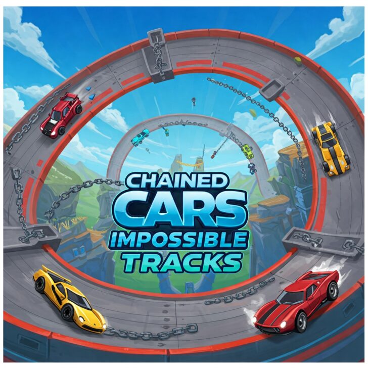 Image showcasing the Chained Cars Impossible Tracks mobile game featuring chained cars racing on a thrilling, gravity-defying track high in the sky. Red and yellow sports cars are prominently displayed on the winding, elevated race track.