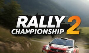 Rally Championship 2 game cover, off-road racing, rally car, mountain landscape, video game