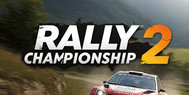 Rally Championship 2 game cover, off-road racing, rally car, mountain landscape, video game