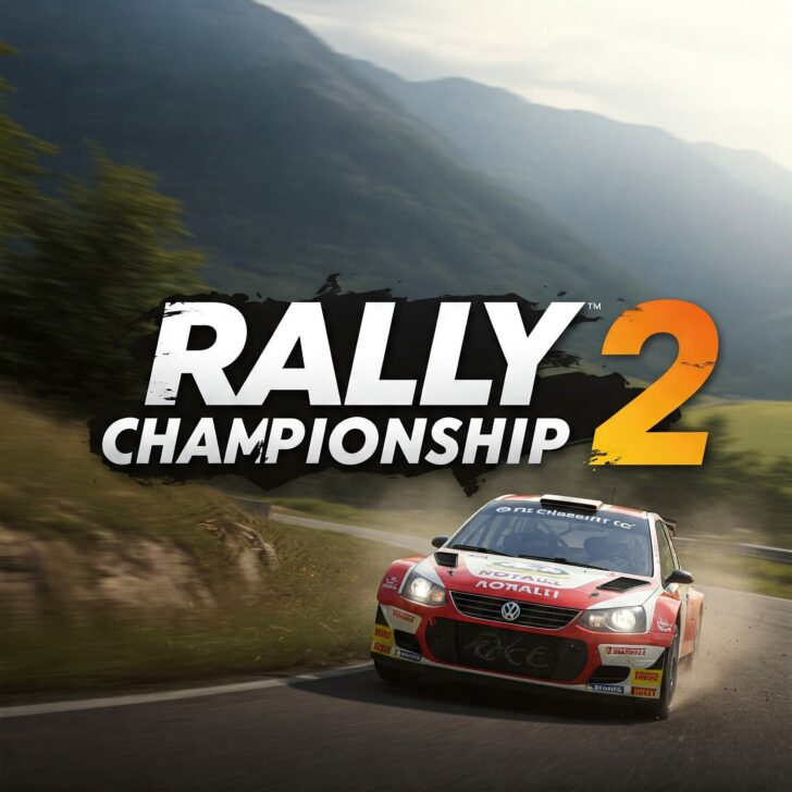 Rally Championship 2 game cover, off-road racing, rally car, mountain landscape, video game