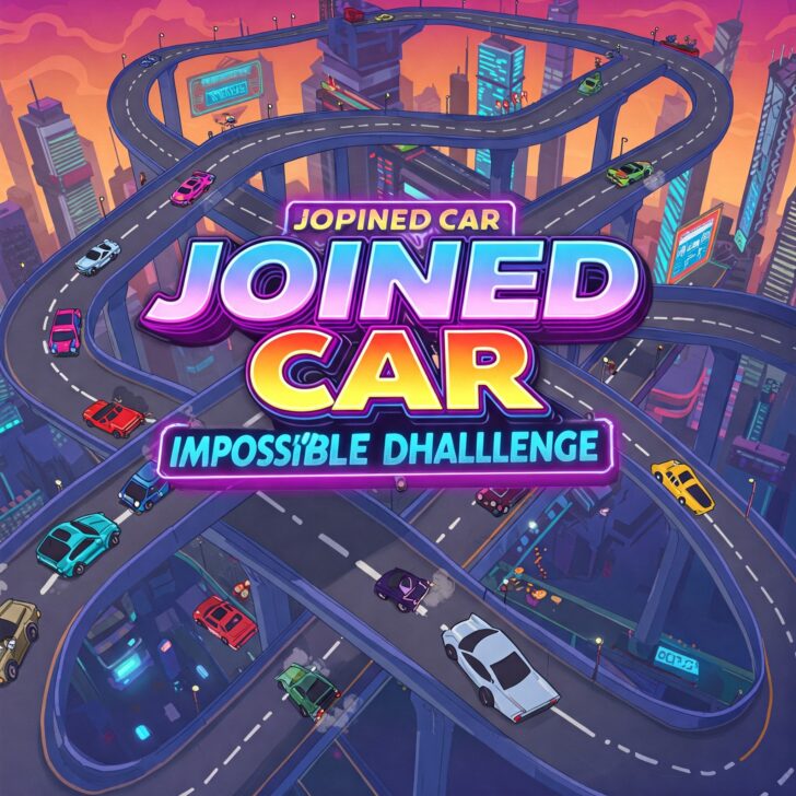 Vibrant and dynamic game art for "Joined Car Impossible Challenge" mobile game, featuring colorful cars on a complex, elevated highway system in a futuristic cityscape. #JoinedCar #ImpossibleChallenge #MobileGame #CarGame #RacingGame #GamingArt #FuturisticCity