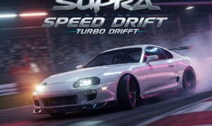 White Supra car drifting on a race track at night, showcasing speed and turbo drift action. #Supra #Racing #Speed #TurboDrift #JDM #CarDrifting