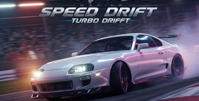 White Supra car drifting on a race track at night, showcasing speed and turbo drift action. #Supra #Racing #Speed #TurboDrift #JDM #CarDrifting