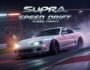 White Supra car drifting on a race track at night, showcasing speed and turbo drift action. #Supra #Racing #Speed #TurboDrift #JDM #CarDrifting