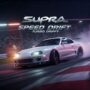 White Supra car drifting on a race track at night, showcasing speed and turbo drift action. #Supra #Racing #Speed #TurboDrift #JDM #CarDrifting