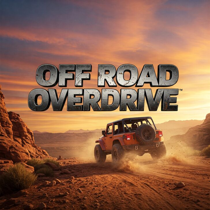 Off-road vehicle driving adventure at sunset in Off Road Overdrive game.