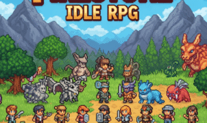 Pixel art fantasy world of Firestone Idle RPG game with diverse heroes and mythical creatures." "Firestone Idle RPG pixel art game screenshot featuring magical forest and epic characters." "Vibrant idle RPG game art: Firestone with fantasy heroes and iconic game title.