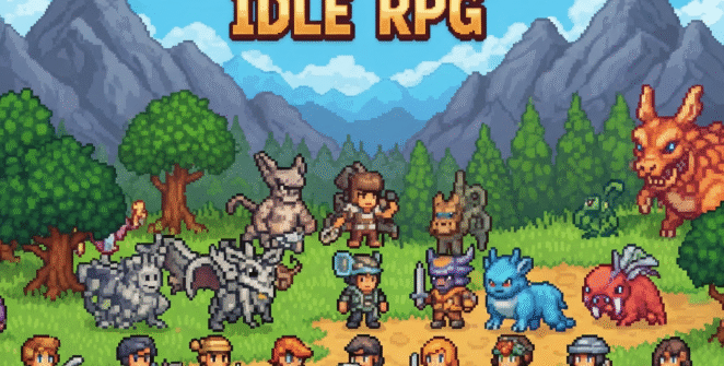 Pixel art fantasy world of Firestone Idle RPG game with diverse heroes and mythical creatures.