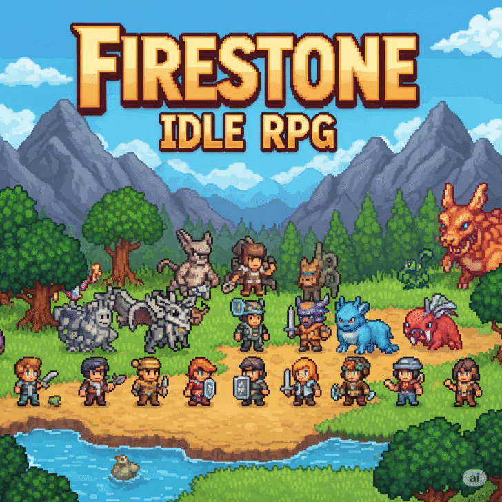 Pixel art fantasy world of Firestone Idle RPG game with diverse heroes and mythical creatures." "Firestone Idle RPG pixel art game screenshot featuring magical forest and epic characters." "Vibrant idle RPG game art: Firestone with fantasy heroes and iconic game title.