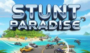 Stunt Paradise" game logo with vibrant tropical island background, featuring stunt cars and bikes in action. Ideal for mobile racing games, extreme sports gaming, and open-world driving adventures.