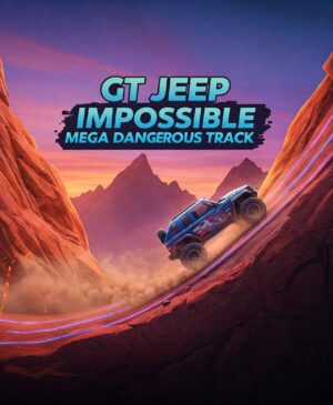 GT Jeep Impossible Mega Dangerous Track game, extreme car stunts, off-road driving, challenging tracks, blue jeep, mountain landscape, sunset sky, racing game, mobile game, adrenaline rush