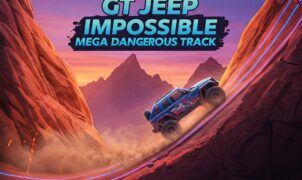 GT Jeep Impossible Mega Dangerous Track game, extreme car stunts, off-road driving, challenging tracks, blue jeep, mountain landscape, sunset sky, racing game, mobile game, adrenaline rush