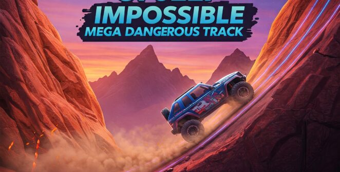 GT Jeep Impossible Mega Dangerous Track game, extreme car stunts, off-road driving, challenging tracks, blue jeep, mountain landscape, sunset sky, racing game, mobile game, adrenaline rush