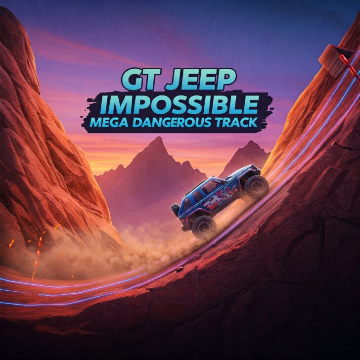 GT Jeep Impossible Mega Dangerous Track game, extreme car stunts, off-road driving, challenging tracks, blue jeep, mountain landscape, sunset sky, racing game, mobile game, adrenaline rush