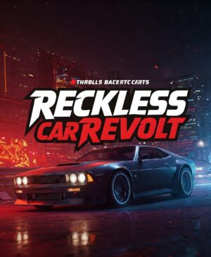 Reckless Car Revolt game title, muscle car, city street, neon lights, racing game, car game, action game