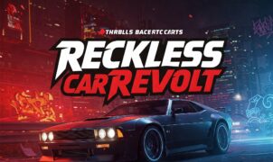 Reckless Car Revolt game title, muscle car, city street, neon lights, racing game, car game, action game
