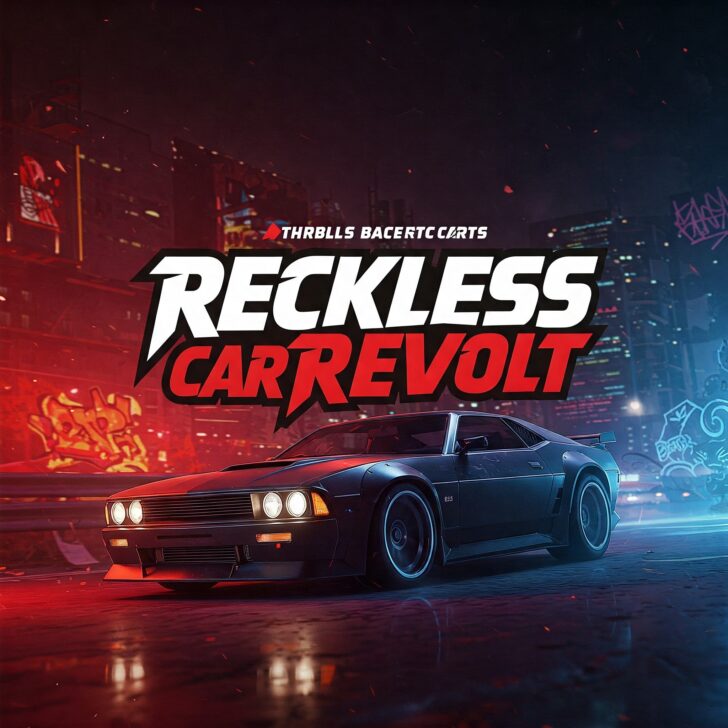 Reckless Car Revolt game title, muscle car, city street, neon lights, racing game, car game, action game
