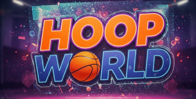 Hoop World 3D game logo, basketball game title, stylized sports gaming, vibrant 3D lettering, basketball graphic, modern game design