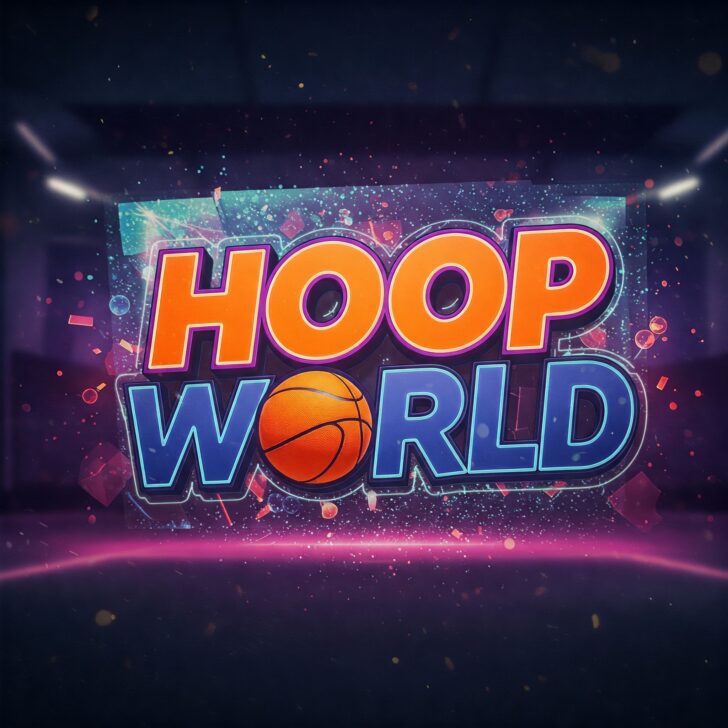 Hoop World 3D game logo, basketball game title, stylized sports gaming, vibrant 3D lettering, basketball graphic, modern game design