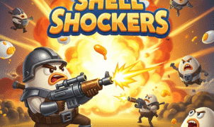 Shell Shockers game art featuring a cartoon egg soldier with a weapon amidst an explosion, representing a fast-paced multiplayer FPS, online egg shooter, and browser game.