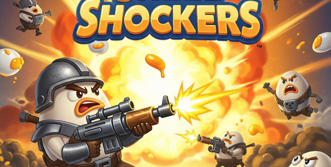 Shell Shockers game art featuring a cartoon egg soldier with a weapon amidst an explosion, representing a fast-paced multiplayer FPS, online egg shooter, and browser game.