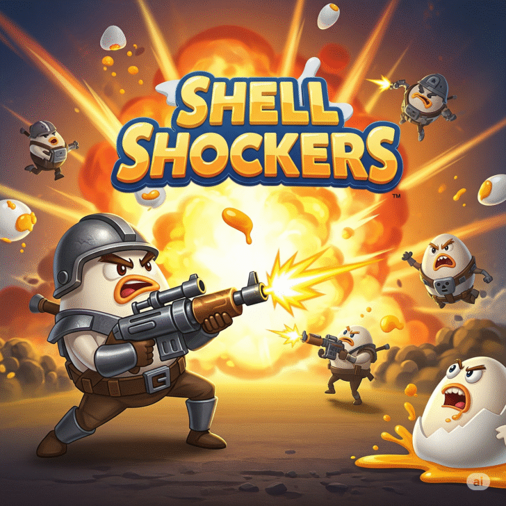 Shell Shockers game art featuring a cartoon egg soldier with a weapon amidst an explosion, representing a fast-paced multiplayer FPS, online egg shooter, and browser game.