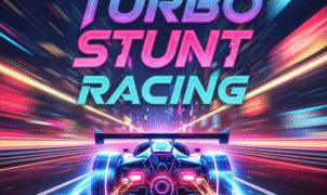 "Turbo Stunt Racing high-speed action game with futuristic cars and neon city backdrop" "Fast-paced racing game Turbo Stunt Racing featuring stunt jumps and vibrant visuals" "Adrenaline-pumping Turbo Stunt Racing title screen, showcasing extreme car stunts"
