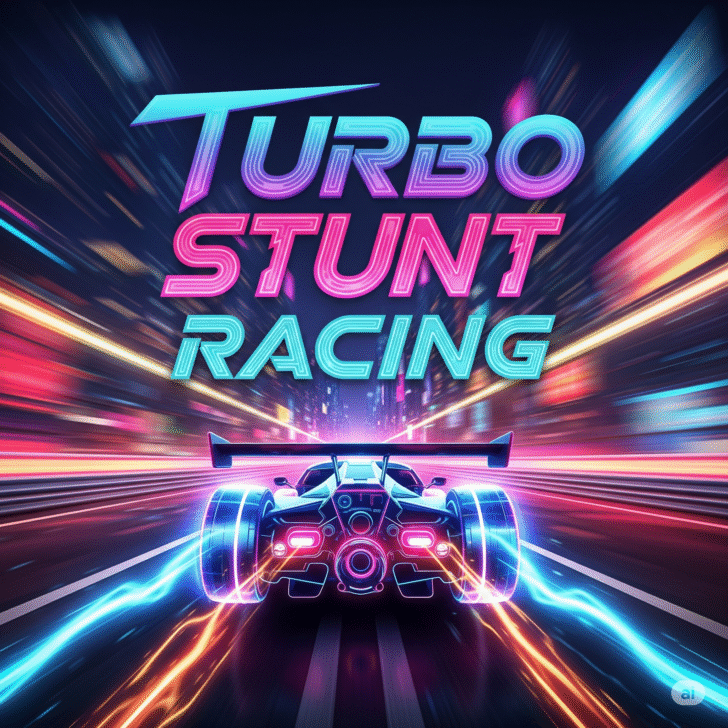 "Turbo Stunt Racing high-speed action game with futuristic cars and neon city backdrop" "Fast-paced racing game Turbo Stunt Racing featuring stunt jumps and vibrant visuals" "Adrenaline-pumping Turbo Stunt Racing title screen, showcasing extreme car stunts"