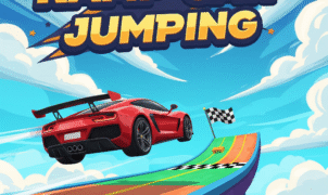 High-speed red sports car soaring through the air off a vibrant ramp against a blue sky with clouds, checkered finish line flag, Ramp Car Jumping game title.