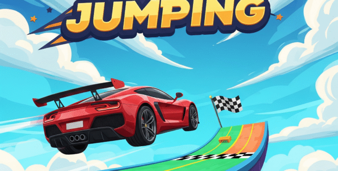 High-speed red sports car soaring through the air off a vibrant ramp against a blue sky with clouds, checkered finish line flag, Ramp Car Jumping game title.