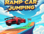High-speed red sports car soaring through the air off a vibrant ramp against a blue sky with clouds, checkered finish line flag, Ramp Car Jumping game title.