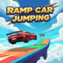 High-speed red sports car soaring through the air off a vibrant ramp against a blue sky with clouds, checkered finish line flag, Ramp Car Jumping game title.