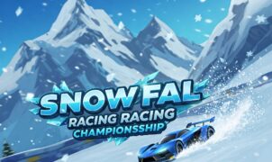 Snowy mountain race with blue sports car, Snow Fall Racing Championship game.